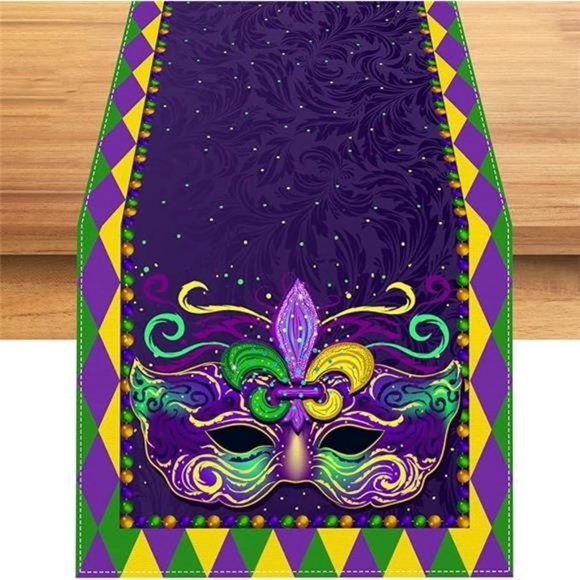 Mardi Gras Table Runner Fleur De Lis Decor Mask Party Dining Decorative Cloth - Picture 1 of 3